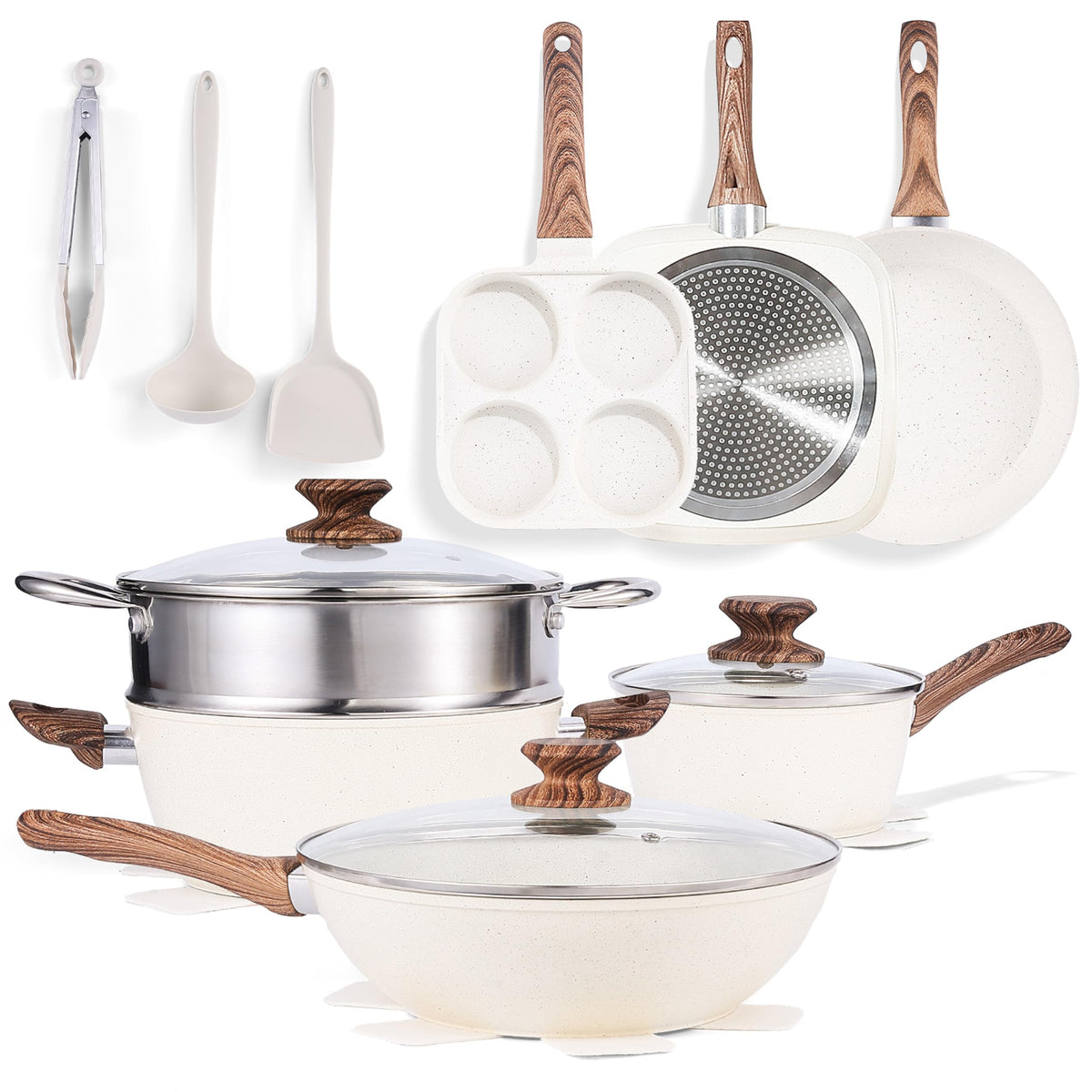 Simple Deluxe 12 Pcs Cookware Set, Non-Stick Pots and Pans Set, with Black Granite Texture and Detachable Handles, Resistant to High Temperatures, Oven Safe, PFAS and PFOA Free, Beige