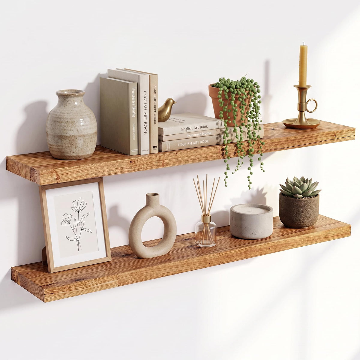 Live Edge Elm Floating Shelves - 24 In Rustic Solid Wood Shelves with Heavy-Duty Invisible Bracket, Wall-Mounted Wooden Shelf for Living Room, Bathroom, Kitchen Storage & Display, Set of 2, Natural