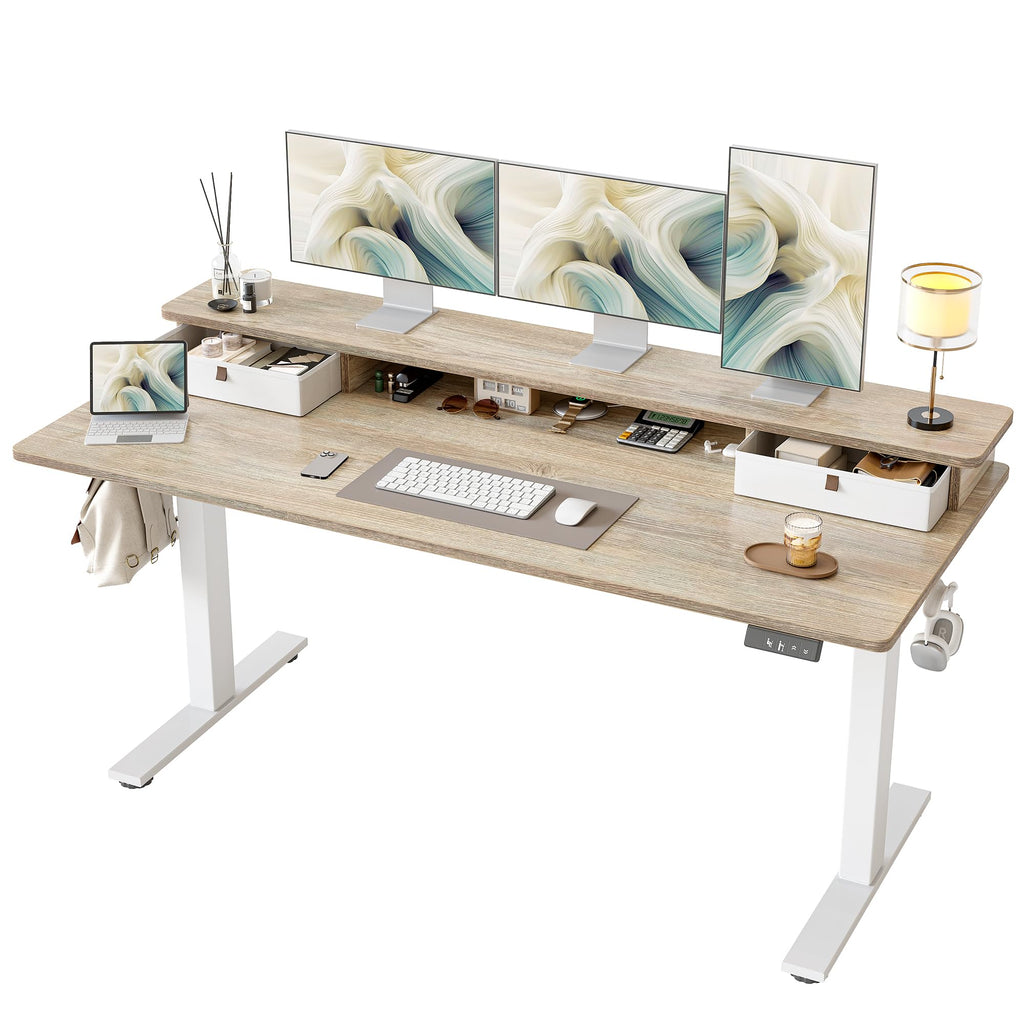TIQLAB Standing Desk with Two Drawers, Stand Up Standing Desk Adjustable Height, Electric Sit Stand Table with Storage Shelf and Splice Board, with LED Light, 55 * 28 inch, Maple
