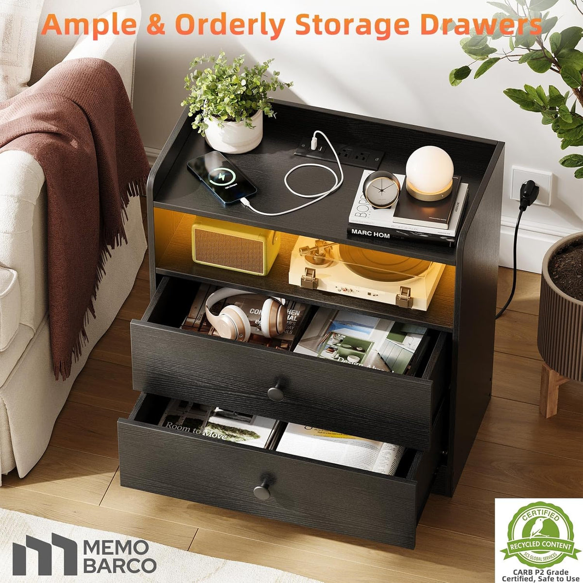Memobarco Nightstand with Charging Station and LED Light, Black