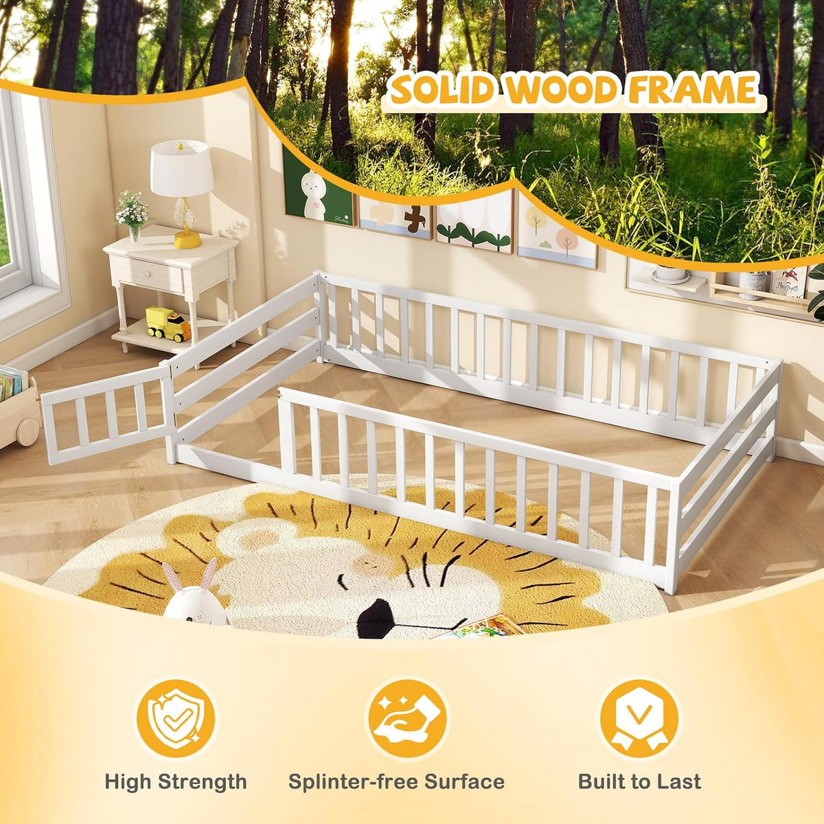 GIANTEX Twin Floor Bed with Fence for Kids, Wooden Montessori Bed Frame with Lockable Door & Guardrails, Low Floor Beds for Kids, Boys, Girls, No Box Spring Needed, Without Wood Slats, White