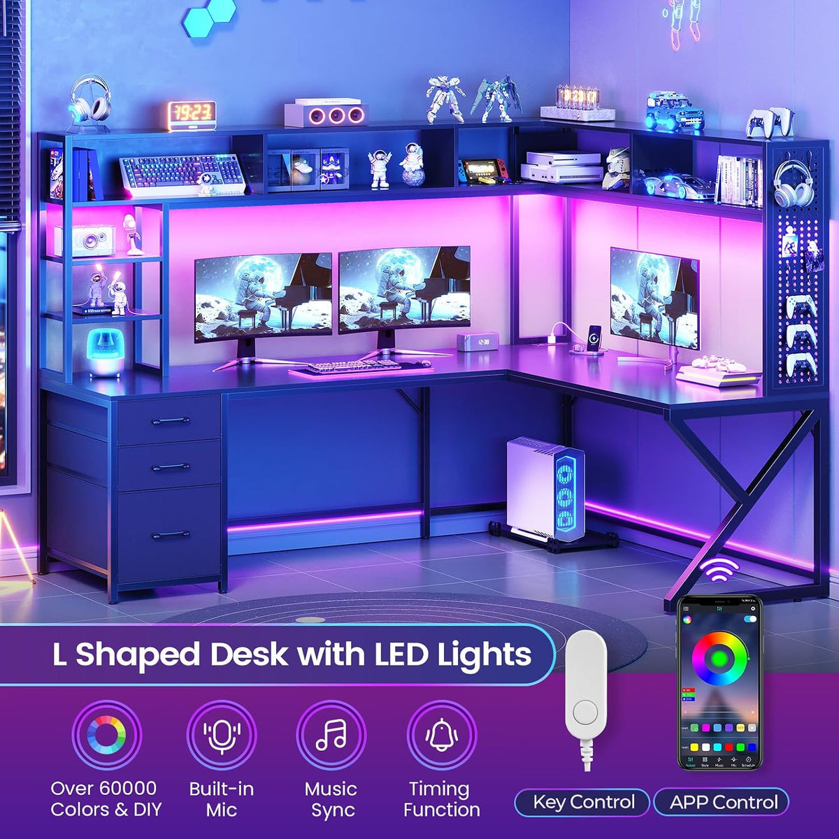 SEDETA L Shaped Gaming Desk with Storage Shelves, Hutch, Drawers