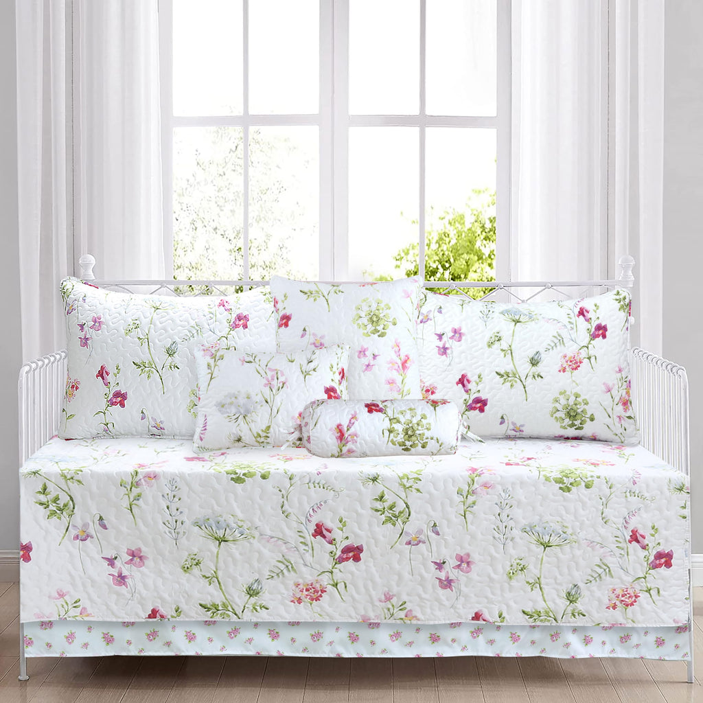 Cozy Line Home Fashions Bloom Floral Blue Rose Spring Reversible Quilt Bedding Set, Coverlet Bedspread Lightweight for All Seasons (Pink Garden, Queen - 6 Piece)