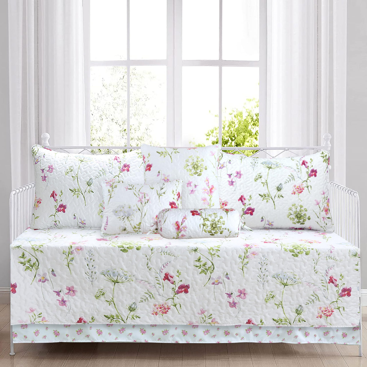 Cozy Line Home Fashions Light Pink Blue Flower Bloom Floral Garden Reversible Quilt Bedding Set, Coverlet Bedspread Lightweight for All Seasons (Carlotta, King - 6 Piece)