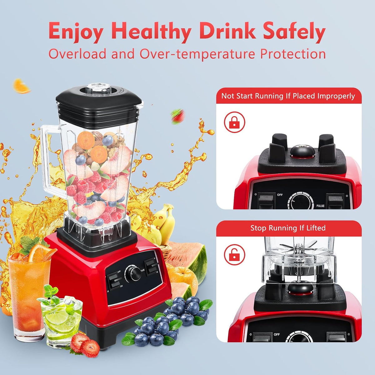 Professional Blender, 2000ml Capacity, 2200W Power, 45000RPM Speed, Red Color, Smoothies and Shakes