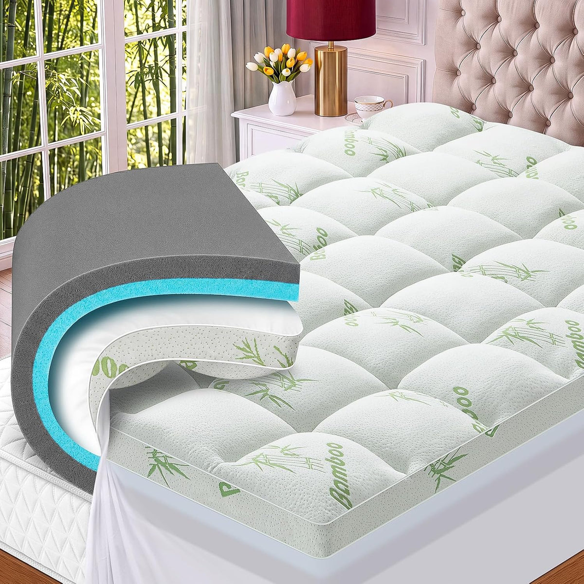 MASVIS 4 Inch King Mattress Topper, 2-in-1 Dual Layer Design, 2" Gel Memory Foam and 2" Pillow Top Mattress Pad Cover, Viscose Made from Bamboo, Pressure Relief & Medium Firm Support