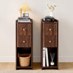 Narrow Nightstand Set of 2, Wooden Small 2 Drawer Nightstand, Slim Side End Table, Skinny Bedside Table, Mid Century Modern Night Stand with Drawers for Bedroom (Walnut-2 pcs)