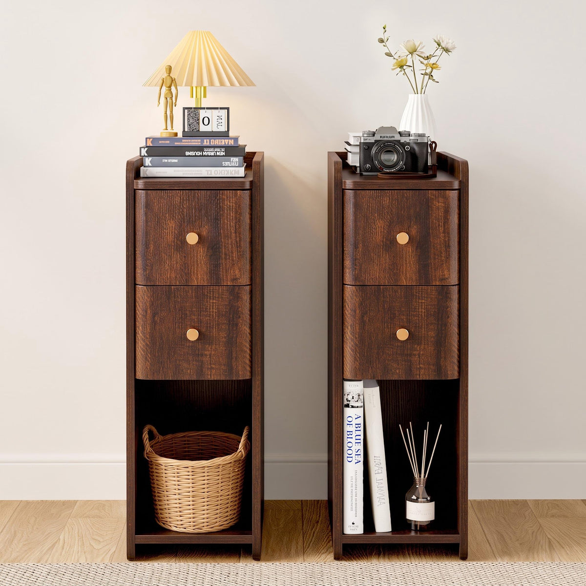 Narrow Nightstand Set of 2, Wooden Small 2 Drawer Nightstand, Slim Side End Table, Skinny Bedside Table, Mid Century Modern Night Stand with Drawers for Bedroom (Walnut-2 pcs)