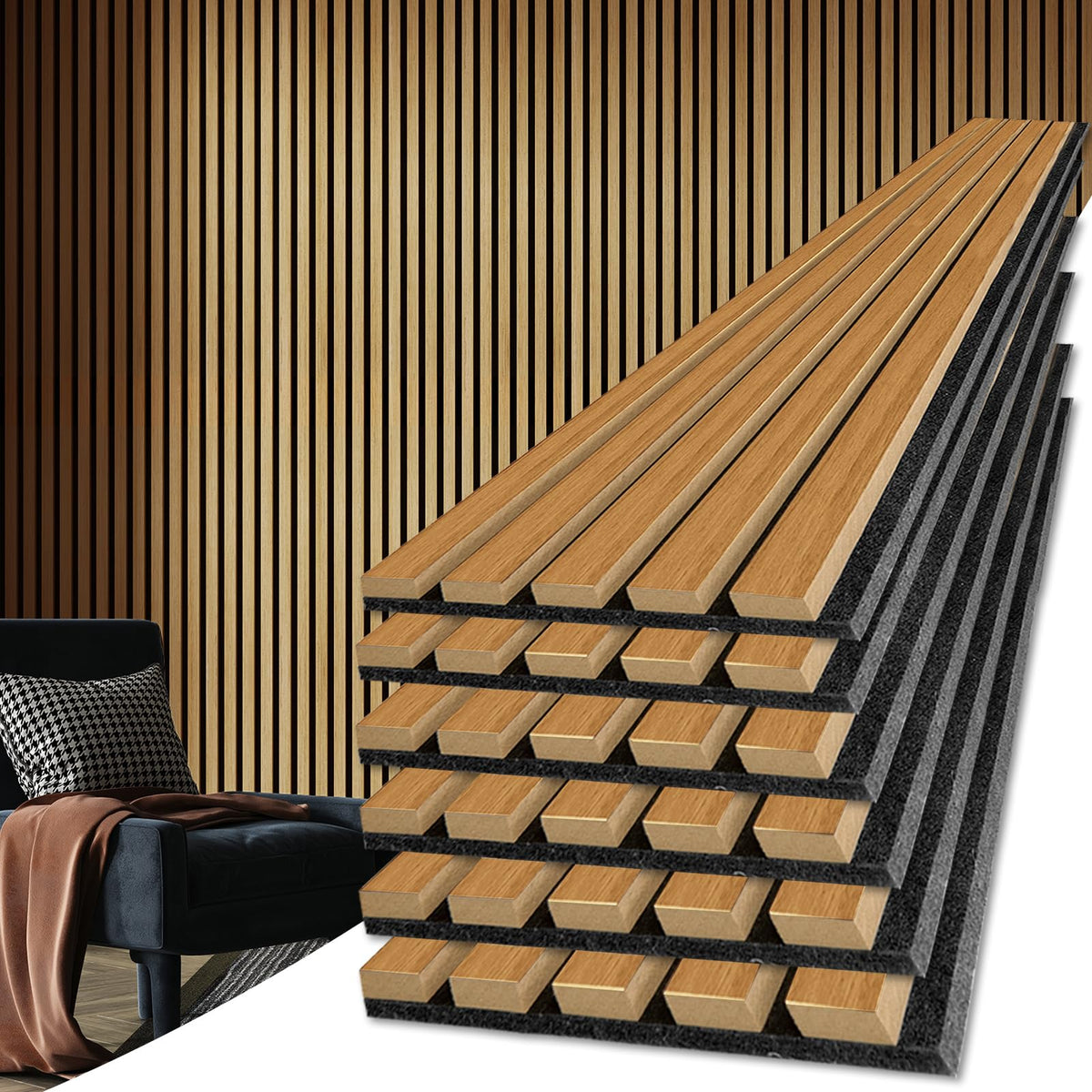 Art3d 6-Pack Soundproof Wood Slat Wall Panels, 94.5 x 7.9 Inch, Walnut