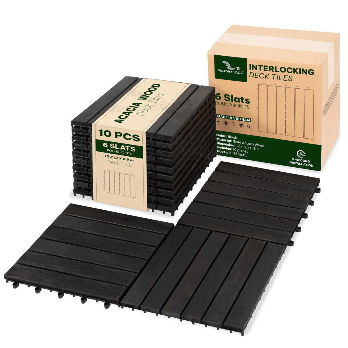 Acacia Interlocking Deck Tiles, 27 PCS Wood Flooring, 12 Slats, Walnut