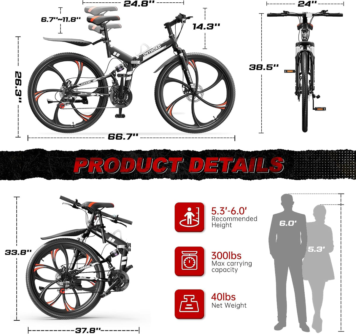 Bonusall 26 Inch Folding Mountain Bike, 21-Speed Full Suspension Foldable Bicycle for Adults, High-Carbon Steel Portable MTB with Dual Disc Brakes, Non-Slip Commuter Bike for Men & Women
