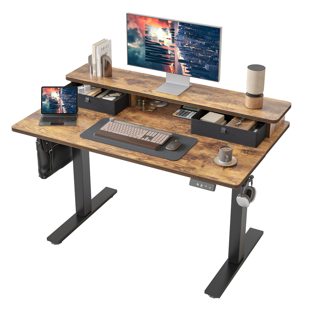 TIQLAB Standing Desk with Two Drawers, Stand Up Standing Desk Adjustable Height, Electric Sit Stand Table with Storage Shelf and Splice Board, with LED Light, 55 * 28 inch, Maple