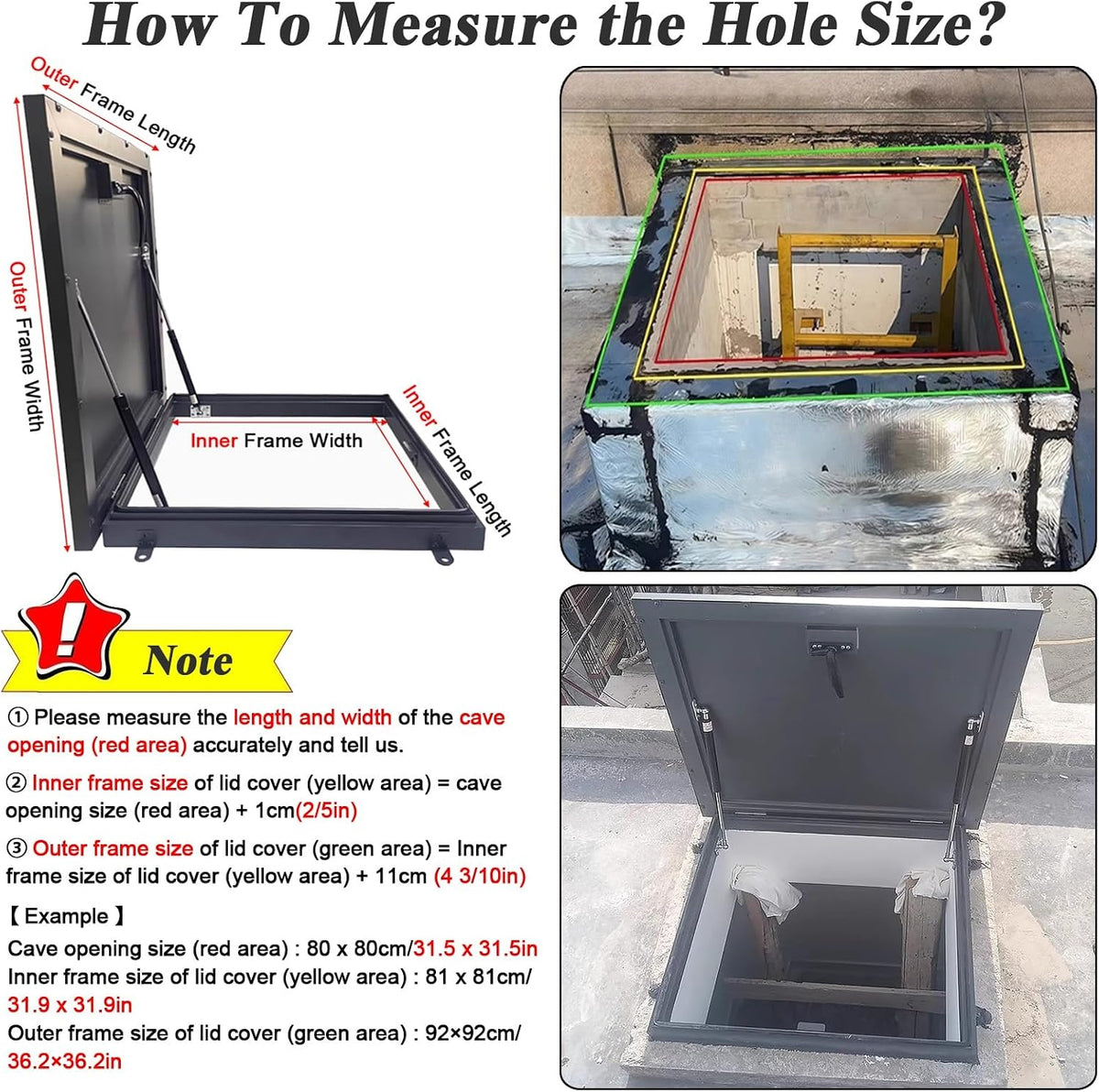 LZMZMQ Outdoor Basement Cellar Door Cover, Upward Lifting Attic Hatch Access Door Ceiling, Customized Manhole/Cellars Exit Lid with Hydraulic Support Rods & Handle, Black Square Metal Cap(20" Lx20 W)