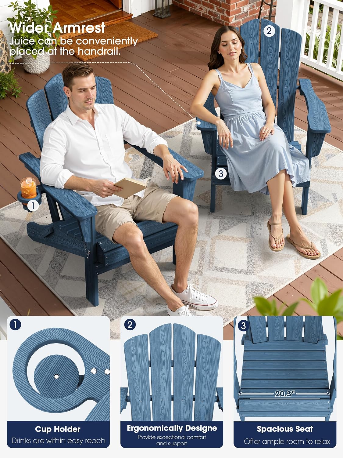 KINGYES Folding Adirondack Chair Set of 4 with Cup Holder, Navy