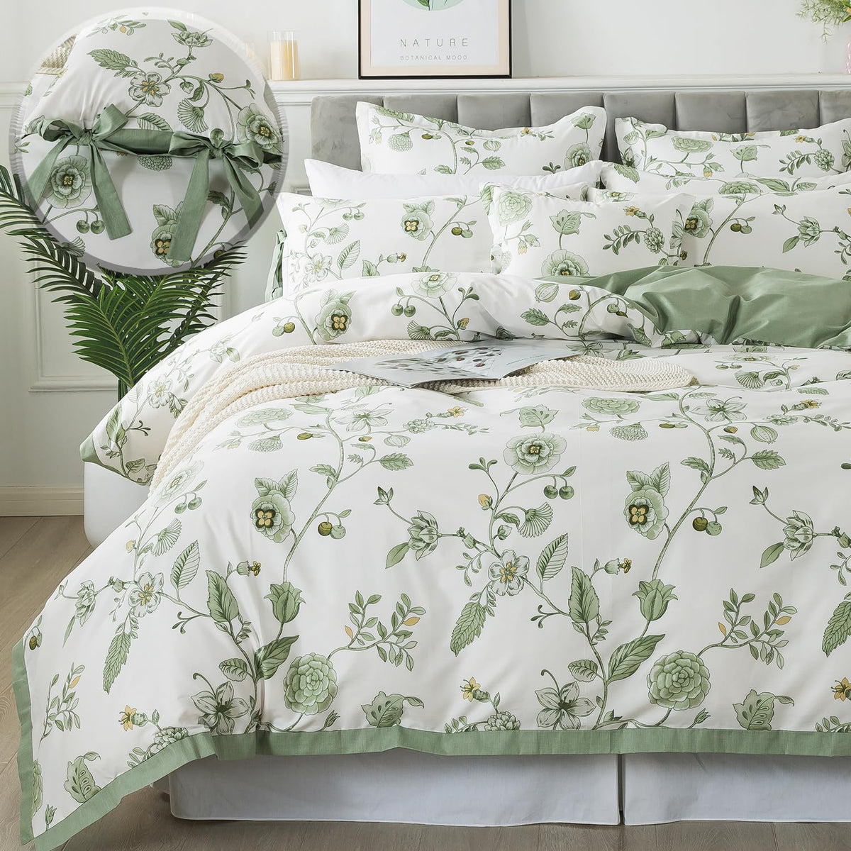 FADFAY Floral Duvet Cover Set 100% Cotton Green Striped and Beige Bedding White Flower Branches Print 600 TC Soft Reversible Zipper Bed Cover & 2 Pillowcases,King/Cal King(106x92)