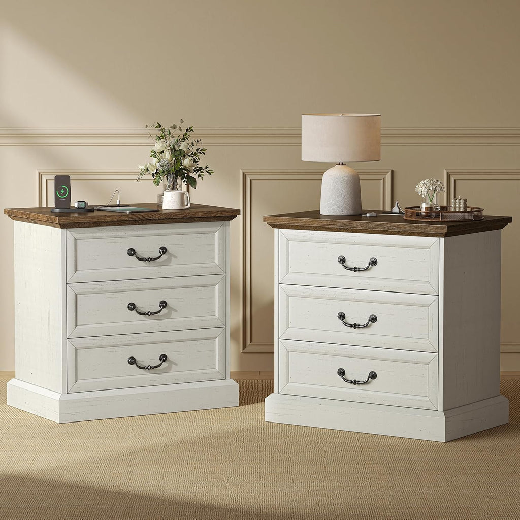 Huuger Nightstand with Charging Station, 3 Drawer Night Stand Set of 2