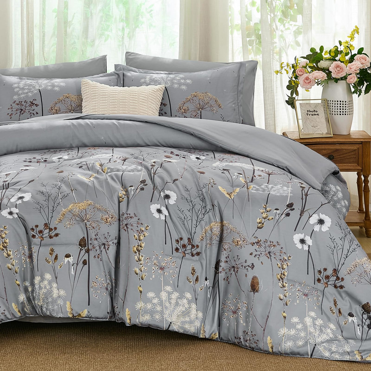 Yiran Black California King Comforter Set, 7 Pieces Floral Bed in a Bag