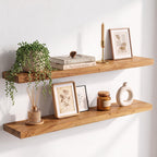 Live Edge Elm Floating Shelves - 24 In Rustic Solid Wood Shelves with Heavy-Duty Invisible Bracket, Wall-Mounted Wooden Shelf for Living Room, Bathroom, Kitchen Storage & Display, Set of 2, Natural