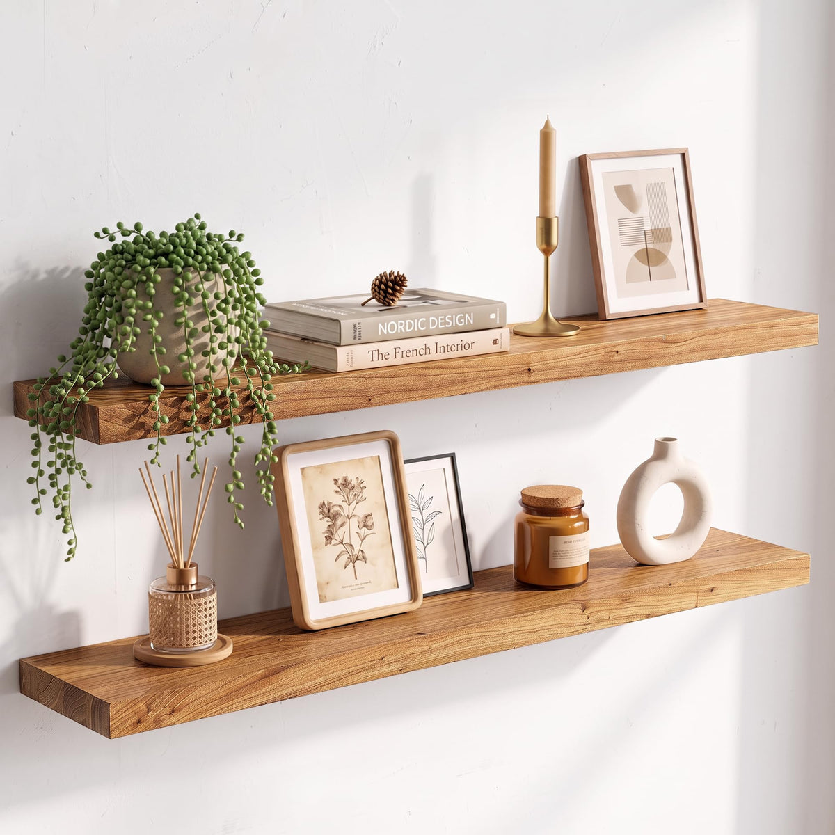 Live Edge Elm Floating Shelves - 24 In Rustic Solid Wood Shelves with Heavy-Duty Invisible Bracket, Wall-Mounted Wooden Shelf for Living Room, Bathroom, Kitchen Storage & Display, Set of 2, Natural