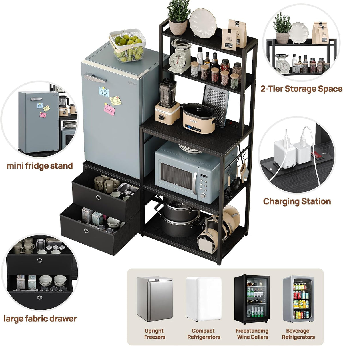 Furniouse Mini Fridge Stand with Storage, Refrigerator Cabinet with Power Outlet - Multifunctional Microwave Stand, Coffee Bar Station for Dorm, Office and Kitchen, Black
