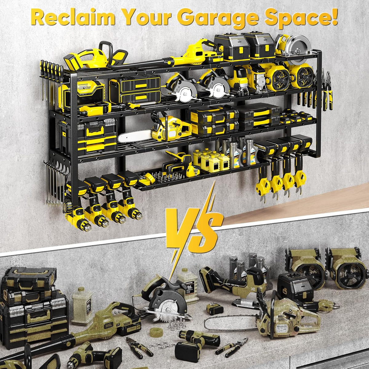 POKIPO Extra Large 64" W Power Tool Organizer Wall Mount, 1000 lbs Load Capacity, Heavy Duty 4 Tier Garage Storage Rack with 8 Drill Holders, 2 in 1 Corner or Straight Installation