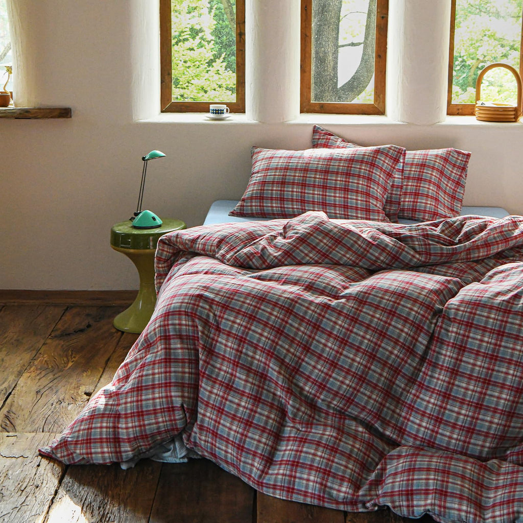 EAVD Vintage Buffalo Plaid Duvet Cover Queen Red&Black&Green Muslin Cotton
