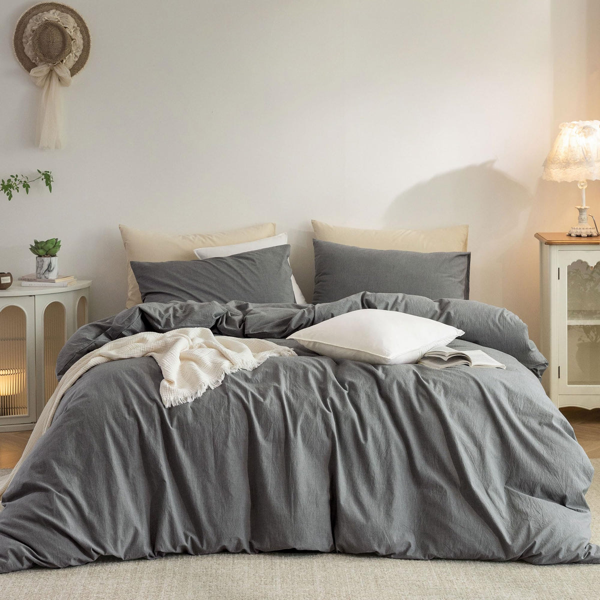 Duvet Cover Set Washed Cotton Embroidered Hem King 3‑Pcs