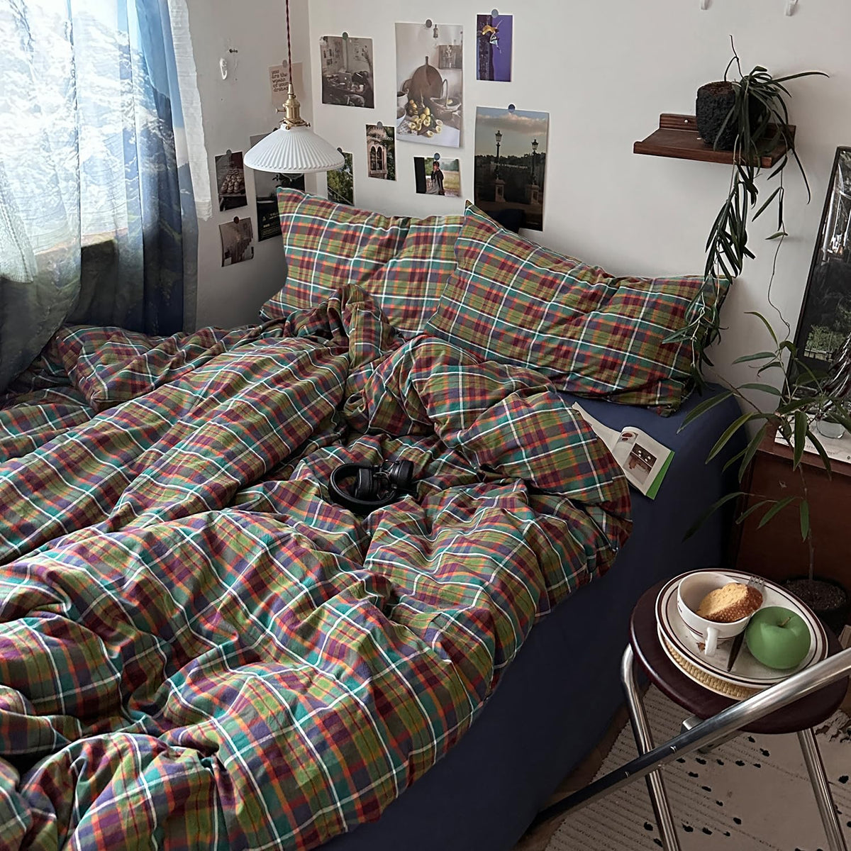 mixinni Vintage Buffalo Plaid Duvet Cover Set Queen Size - 3 Piece Washed Cotton Bedding Set with Grid Pattern, Soft & Breathable Duvet Cover with Pillowcases for All Seasons,(Brown & Blue,Beige)
