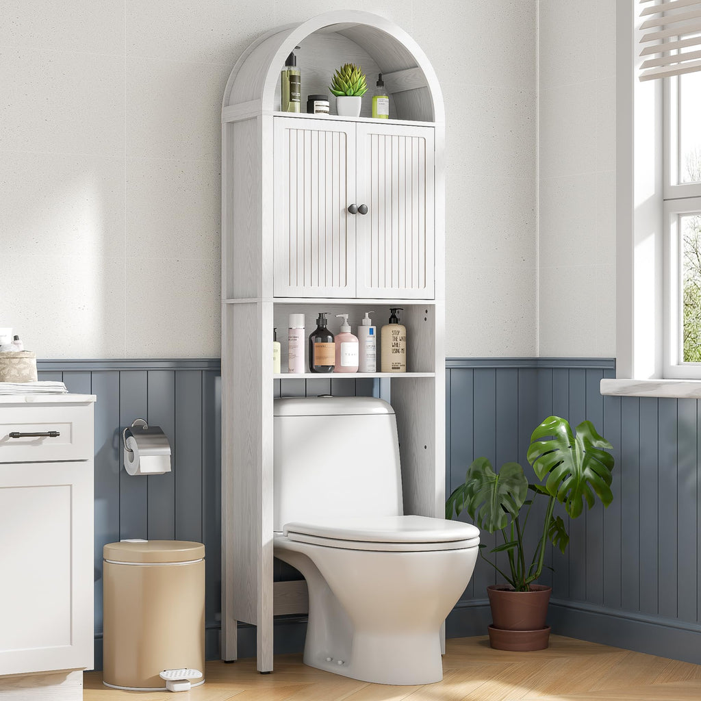 Arched Over The Toilet Storage Cabinet with Fluted Doors, Bathroom Shelf