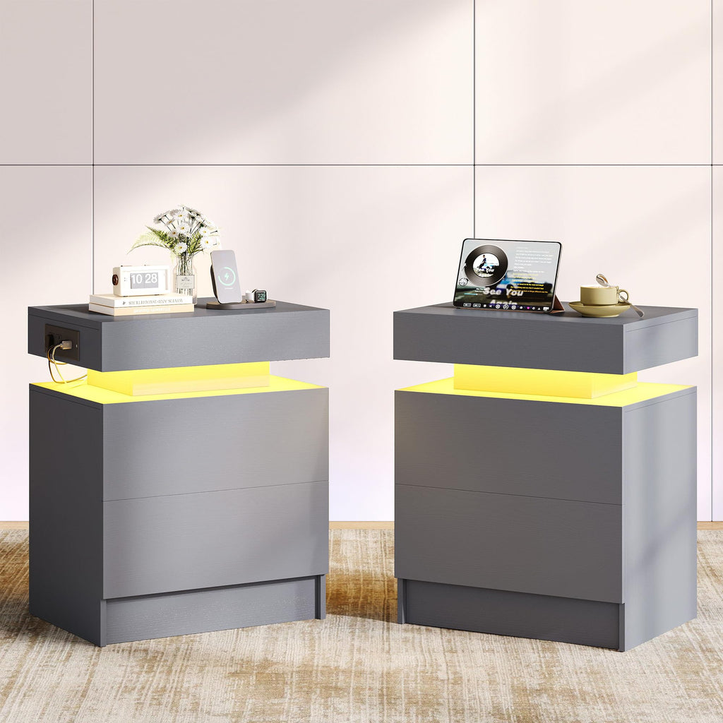 LIKIMIO Nightstand with Charging Station LED Light and 2 Drawers Black
