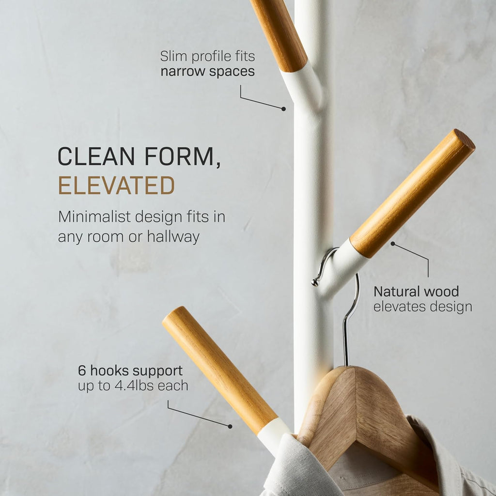 YAMAZAKI Home Freestanding Coat Rack Stand – Modern Coat Tree with Wooden Hooks, Standing Coat Hanger for Entryway, Sturdy Weighted Base, Steel, White, Easy Assembly