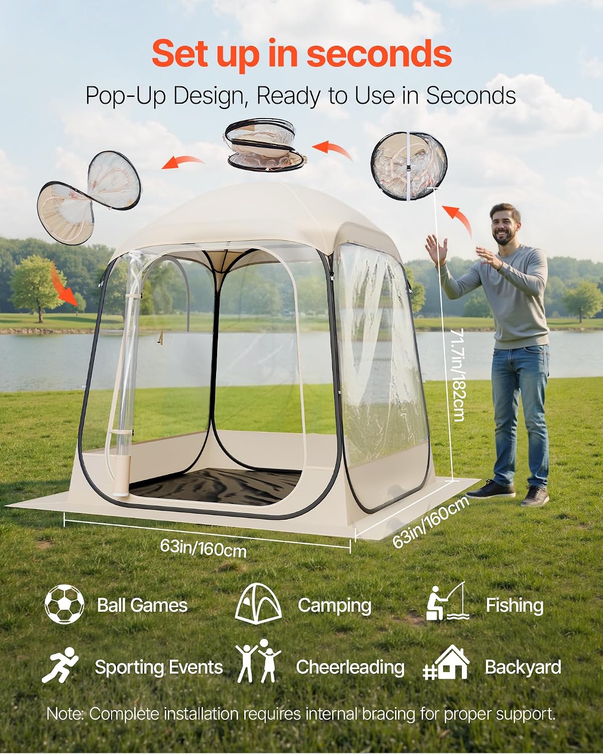 VEVOR Pop up Sports Tent, 8 Sizes Optional Clear Bubble Tent for 1-6 Person, Waterproof Outdoor Pod with Floor Mat & Top Cover, Garden Igloo Dome Tents Camping Shelter for Sports Watching