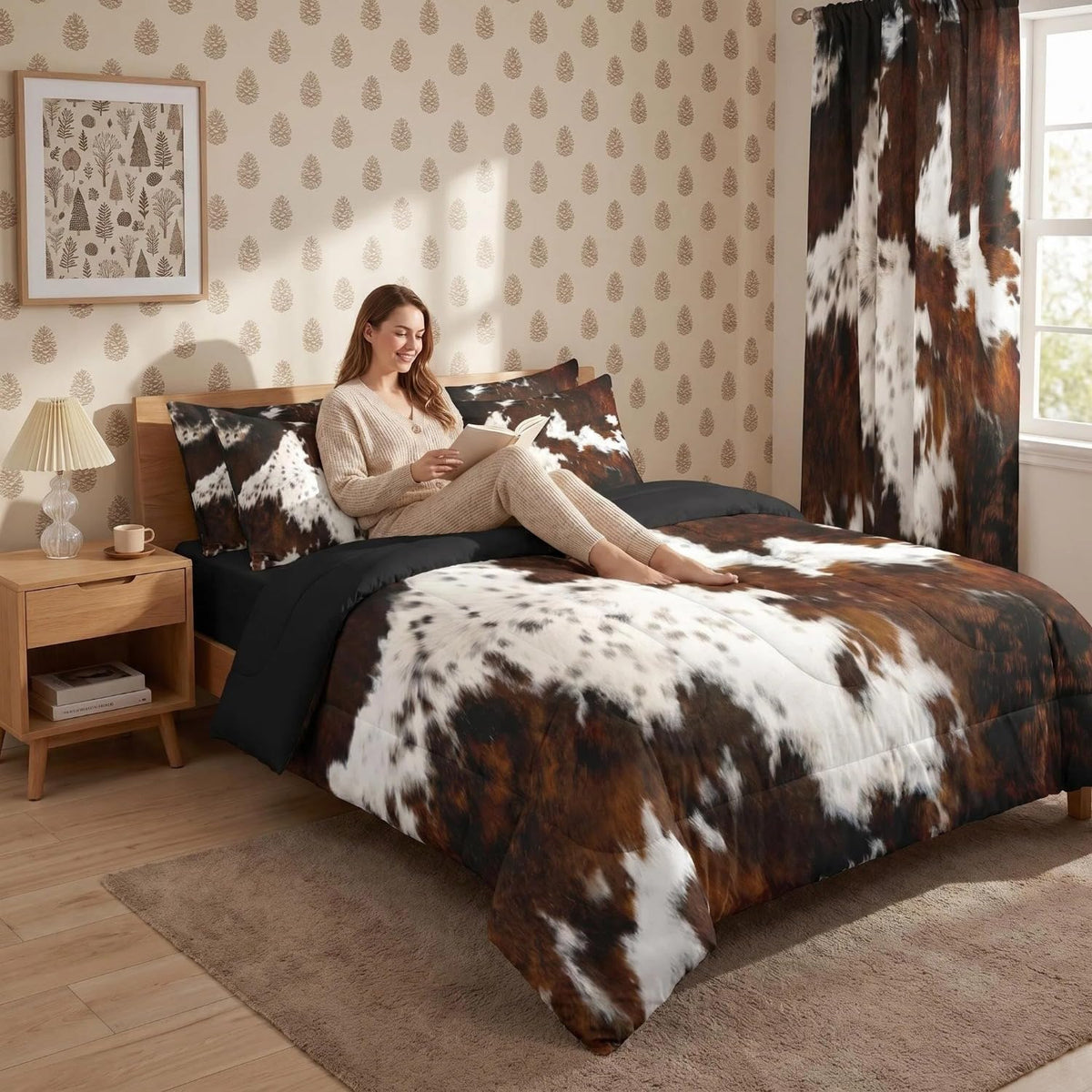 Erosebridal Brown Cow Print King Comforter Set 7 Piece, Simulated Black Cowhide Western Farmhouse Bedding Sets with Sheets, Rustic Highland Cow Skin Bed in a Bag with Fitted Flat Sheet, Pillowcases