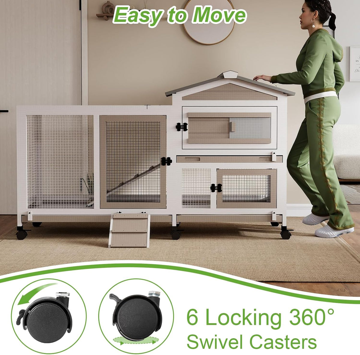 2 Story Rabbit Hutch Outdoor Indoor, Wooden Bunny Cage with 6 Lockable Wheels, 3 Removable No Leakage Pull Out Trays, Chew-Proof Ramp & Waterproof Roof, Ideal for Rabbit & Guinea Pig