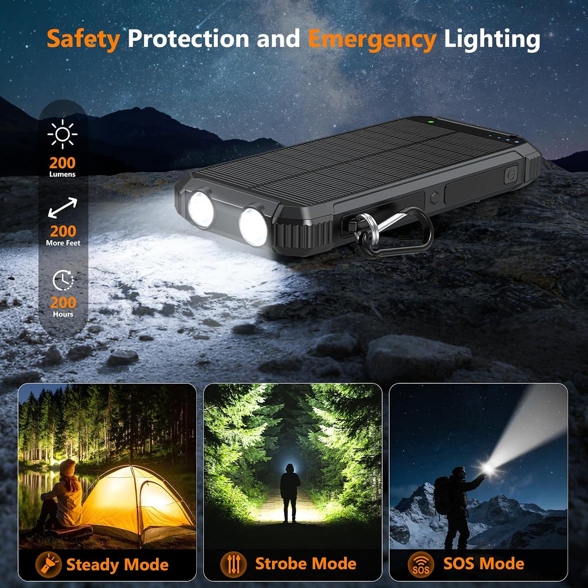 Solar Charger Power Bank 20000mAh, Wireless Fast Charging Battery Pack with 3 Built-in Cables & USB-C Input, Dual LED Flashlights, Portable Phone Charger for Camping, Travel & Emergency Use (Black)