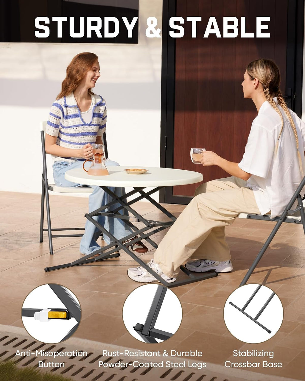FanttikOutdoor Folding Table Round 32" Quick Adjust 4 Heights Party, Patio