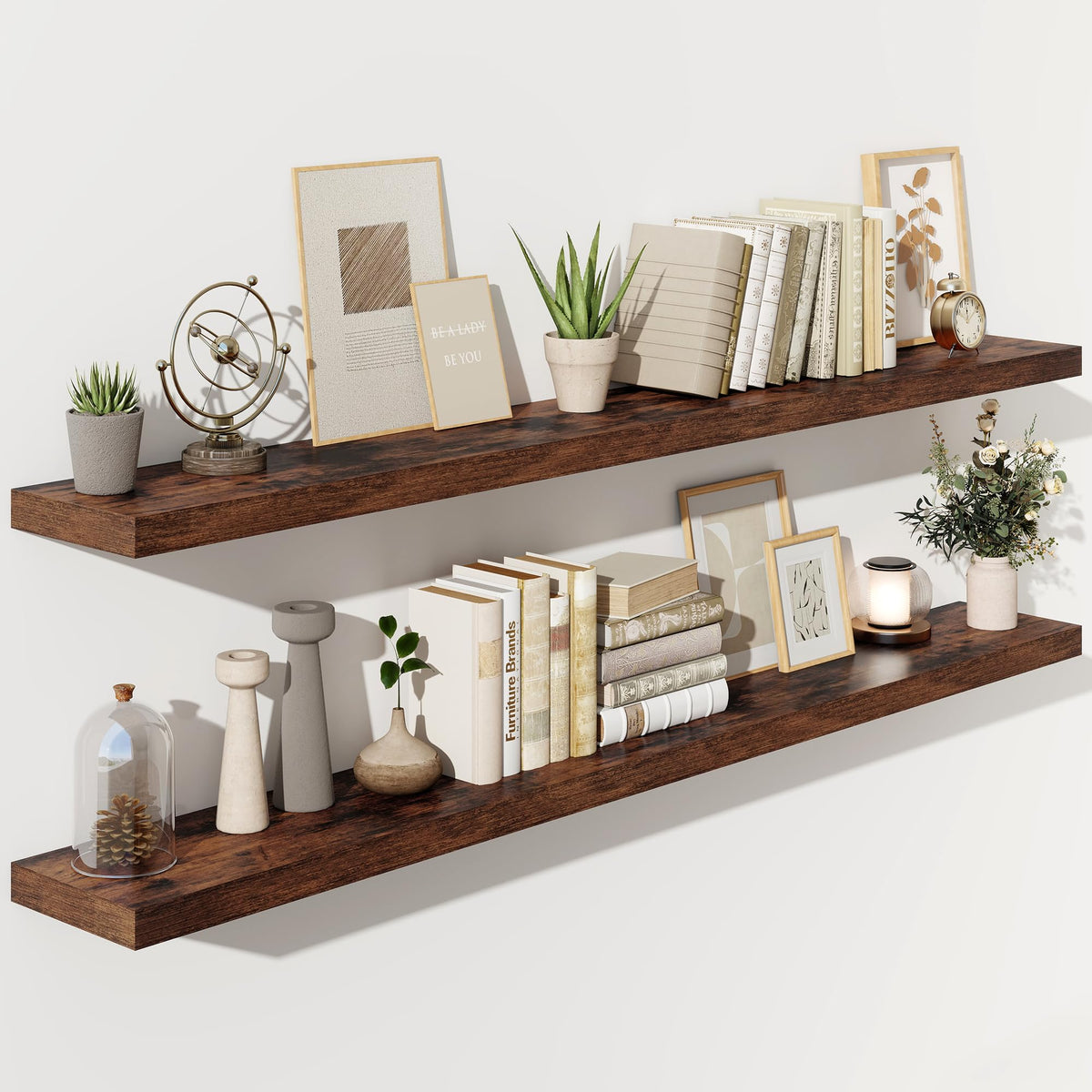 Fun Memories Floating Shelves - 2 Pack 12 Inch Rustic Wooden Wall Shelves - Extra Deeper & Thicker Wall Mounted Storage Shelf for Living Room, Kitchen, Farmhouse - 36" W x 12" D x 1.8" H - Brown