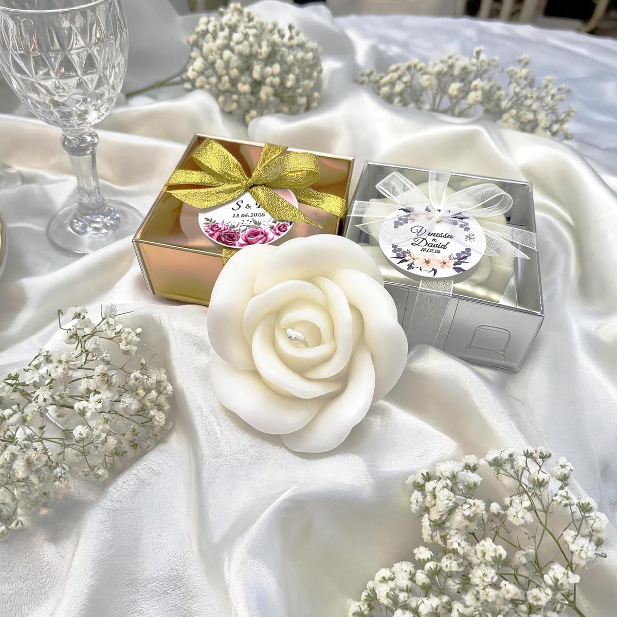 White Red Rose Shaped Scented Candle Favors with Scented, favors Bridal and Baby Showers, Birthday Parties, Wedding Decorations (White, set of 150)