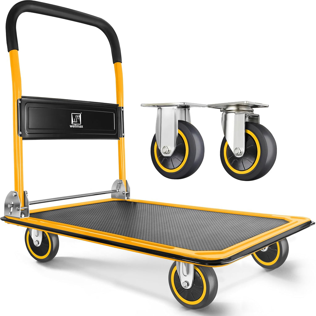 Wellmax Push Cart Dolly, Foldable Moving Platform Flat Cart, 330 lb, Yellow