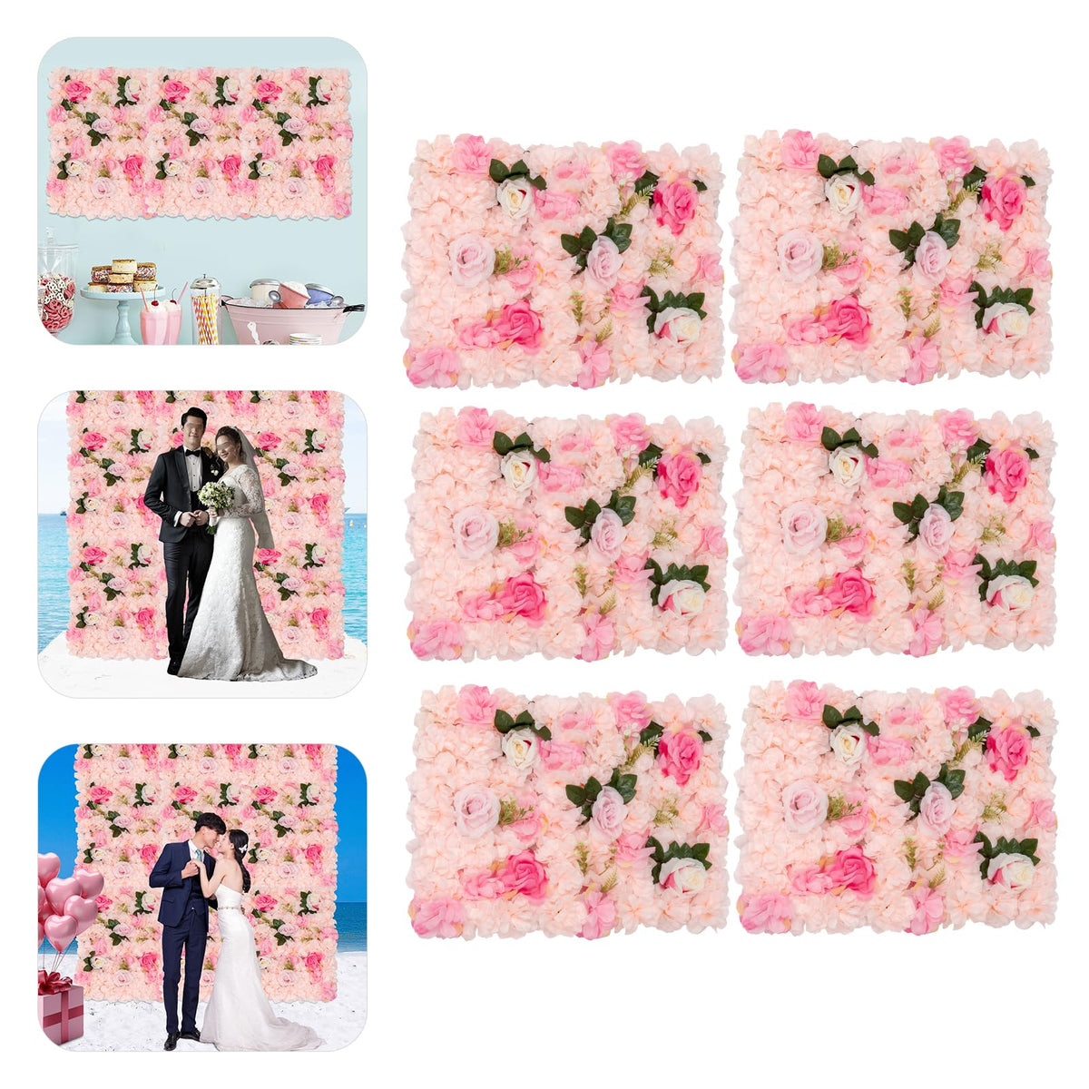 Pink Yellow Flower Wall Panels, Artificial Peony Rose Backdrop, 6Pcs 3D Silk Floral Panels for Wedding Decor, Party Background, Home Wall Decoration (40x60cm)
