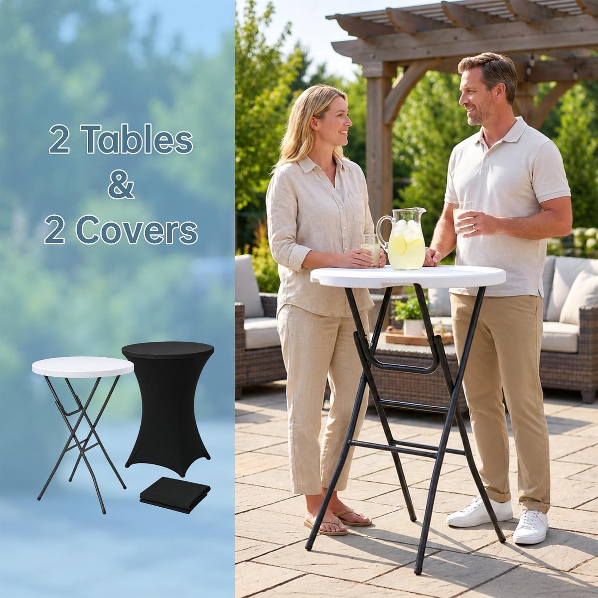 2-Pack 28 Inch Round Folding High Top Cocktail Tables with Dual Black Tablecloths, Portable Bar Height Bistro Set, Detachable Legs, Heavy Duty Indoor Outdoor Furniture for Wedding, Party & Events