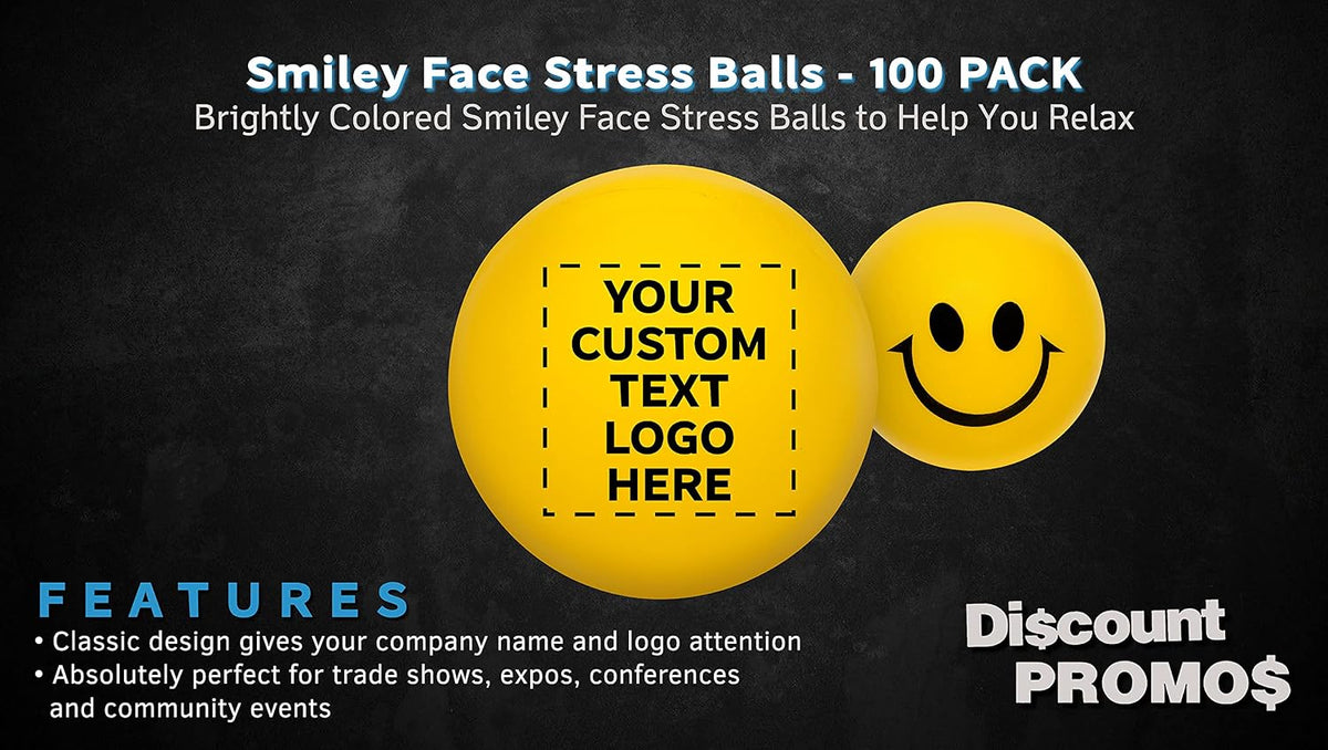 DISCOUNT PROMOS Custom Smiley Squeeze Balls Set of 100, Personalized Bulk Pack - Perfect for Promotional Giveaways - Yellow