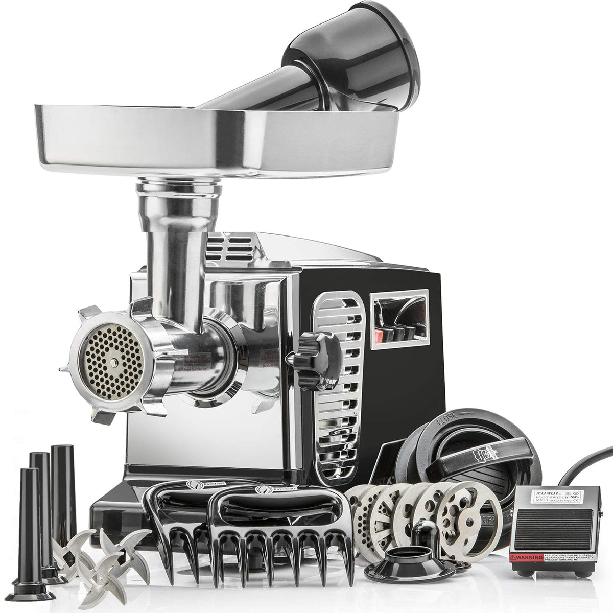 STX Turboforce II "Platinum" Heavy Duty Electric Meat Grinder & Sausage Stuffer: 6 Grinding Plates, 3 S/S Blades, 3 Sausage Tubes, Kubbe, 2 Meat Claws, Burger-Slider Patty Maker - Black