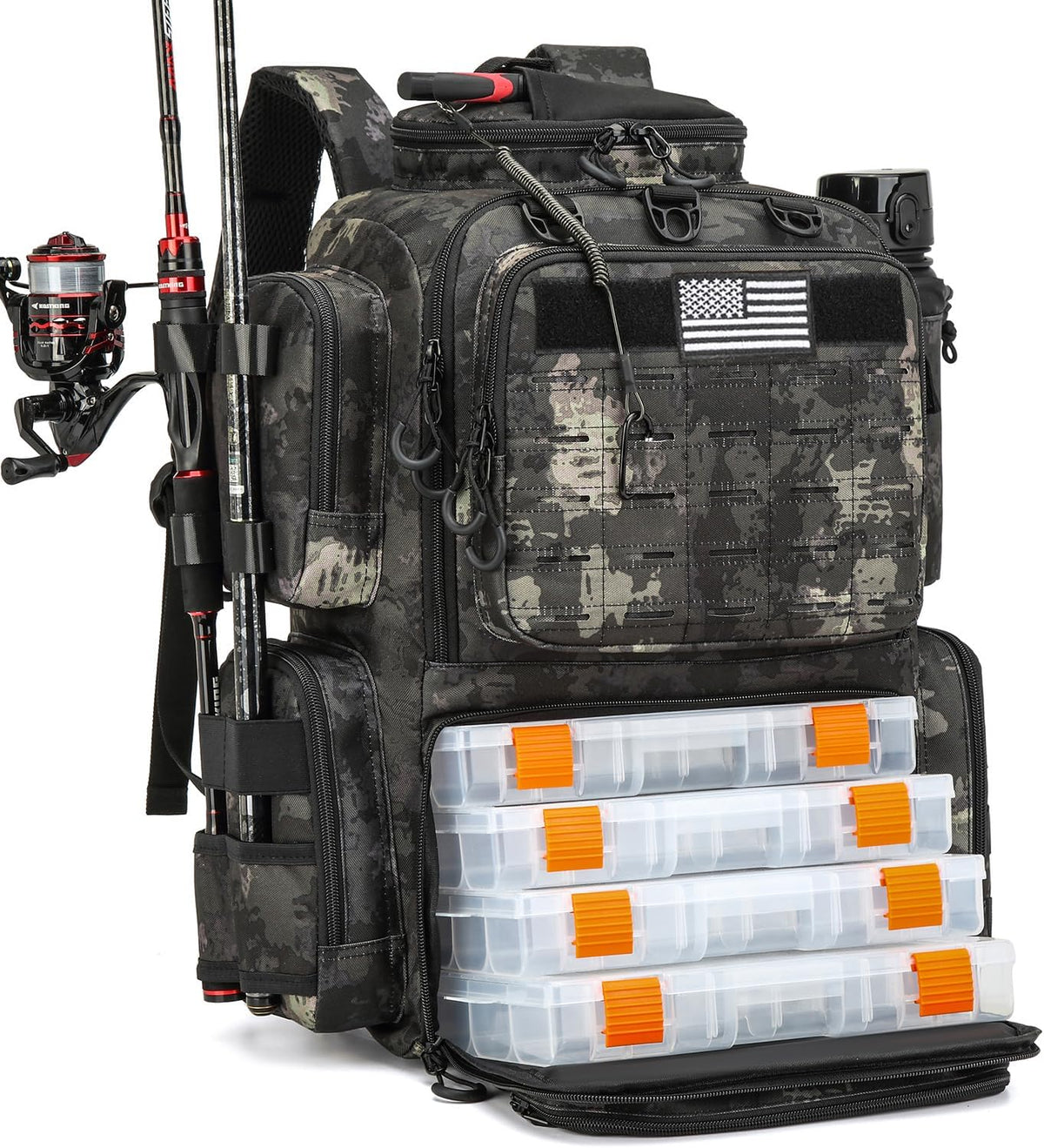 Tactical Fishing Backpack with 4 Tackle Boxes, Rod Holders & Bottle Holder