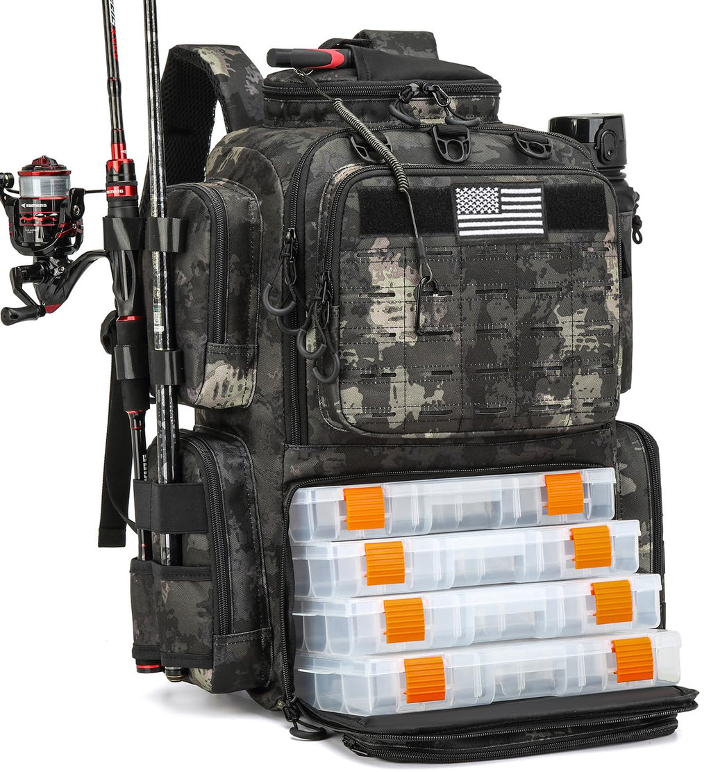 Tactical Fishing Backpack with 4 Tackle Boxes, Rod Holders & Bottle Holder