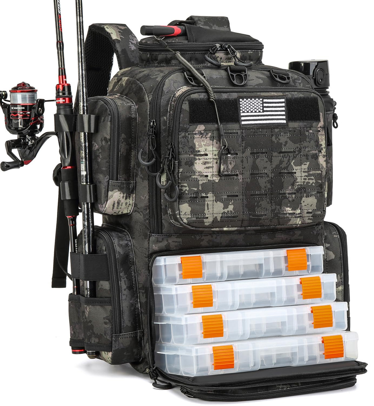 Tactical Fishing Backpack with 4 Tackle Boxes, Rod Holders & Bottle Holder
