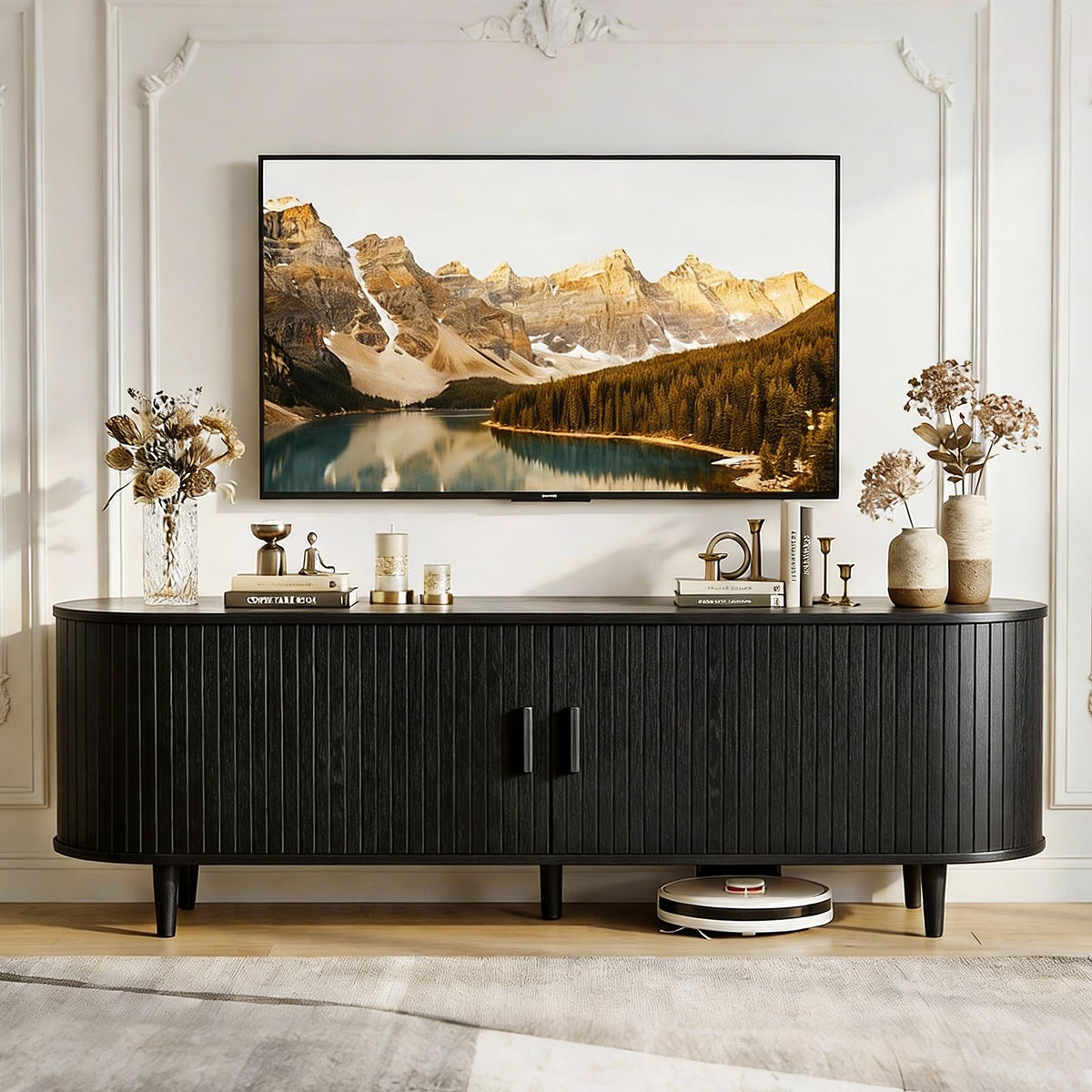MXV 58" Mid-Century Modern TV Stand with Sliding Doors, TV Consoles with Power Outlet, Fluted Entertainment Center with Adjustable Shelves for Living Room