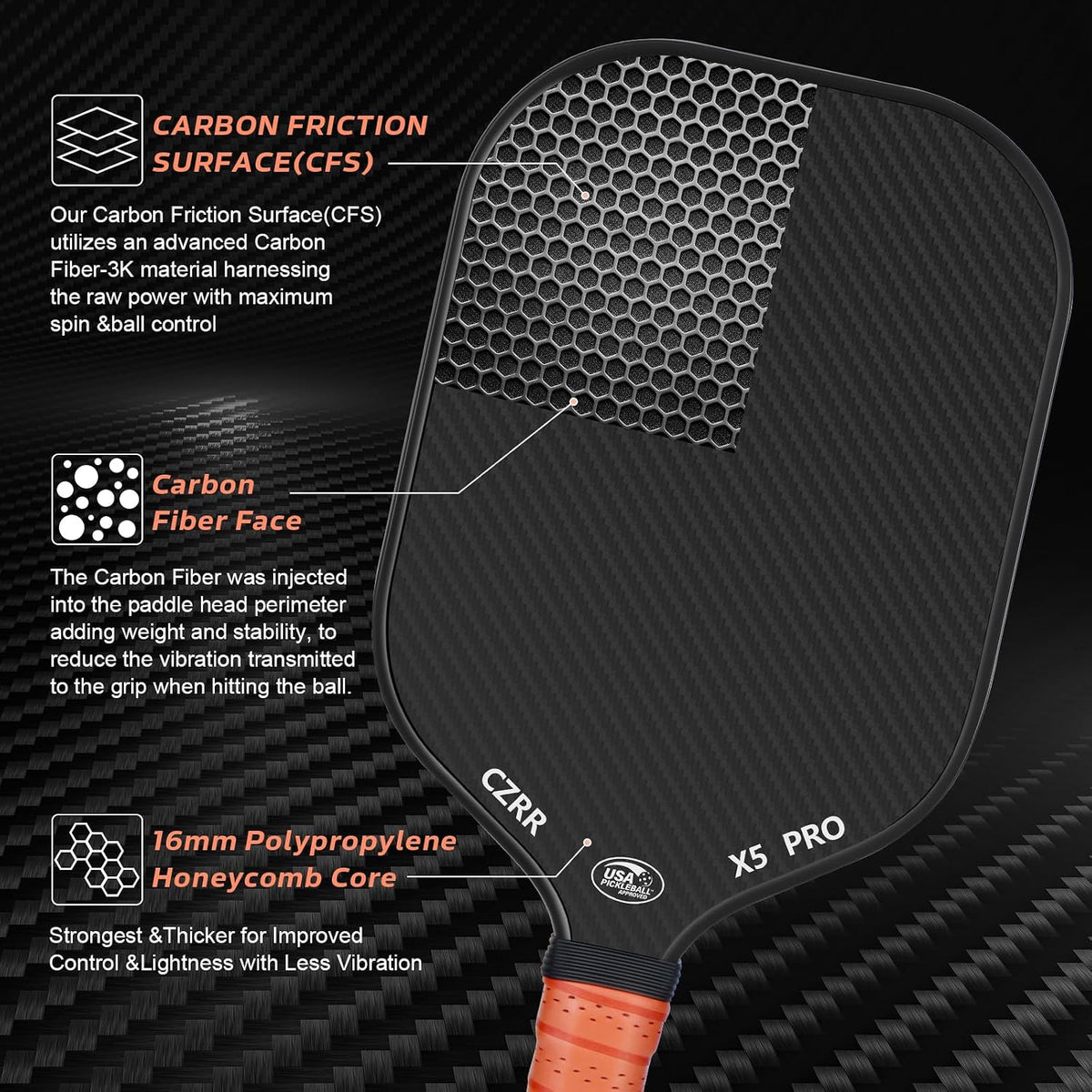 Pickleball Paddle, USA Pickleball Approved, 3K Raw Carbon Fiber Surface (CFS) High Grit & Spin, with 16MM Polypropylene Honeycomb Core, Ideal for Novice and Professional Players