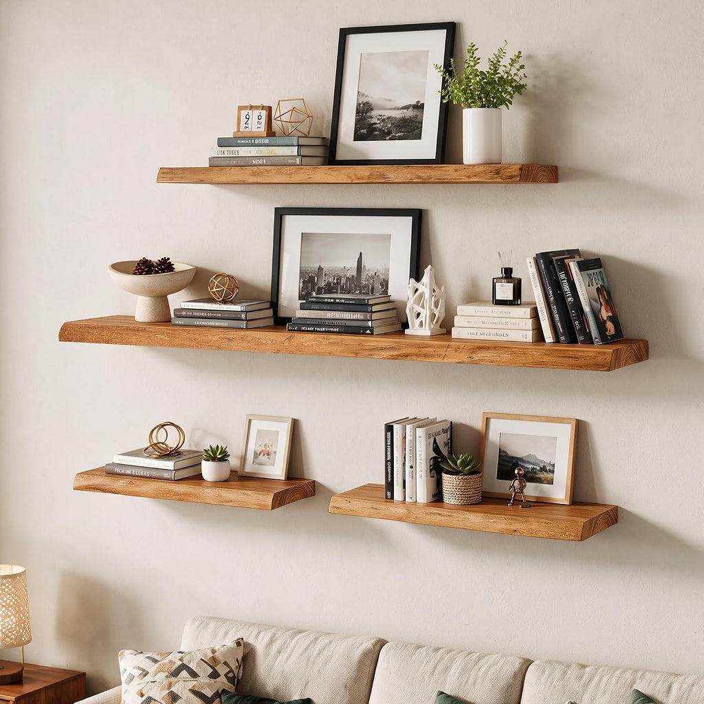 Live Edge Elm Floating Shelves - 24 In Rustic Solid Wood Shelves with Heavy-Duty Invisible Bracket, Wall-Mounted Wooden Shelf for Living Room, Bathroom, Kitchen Storage & Display, Set of 2, Natural