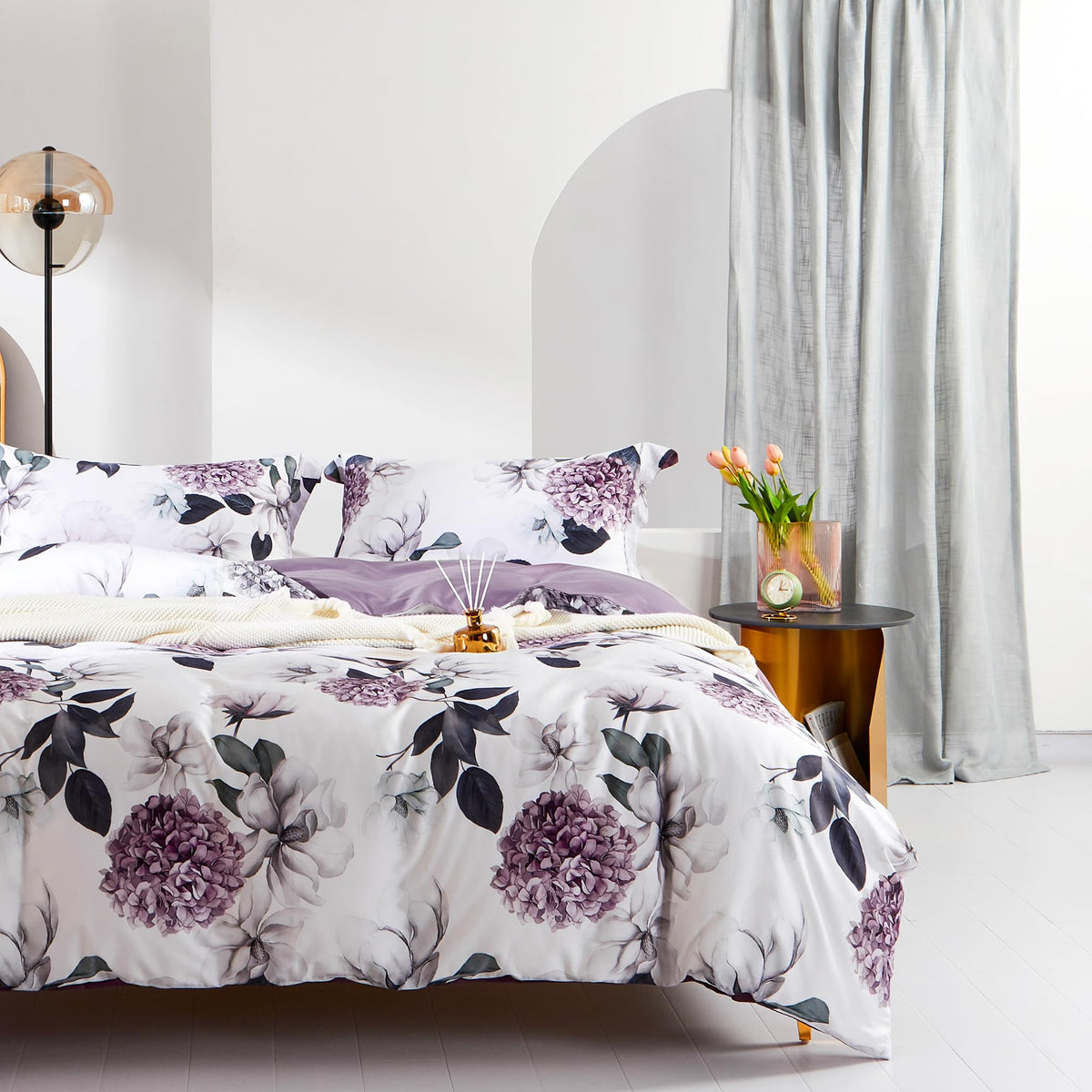 MILDLY White Floral Green Leaves Luxury Duvet Cover Set 3pcs King